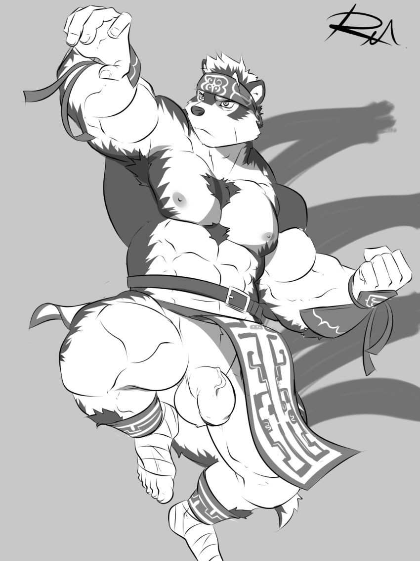 2017 action_pose armor artist_signature balls belt black_and_white body_hair canine chest_hair clothing flaccid foreskin headband horkeukamui loincloth male male_only mammal monochrome muscular muscular_male nipples penis poking_out reclamon solo tokyo_afterschool_summoners vein veiny_penis wolf