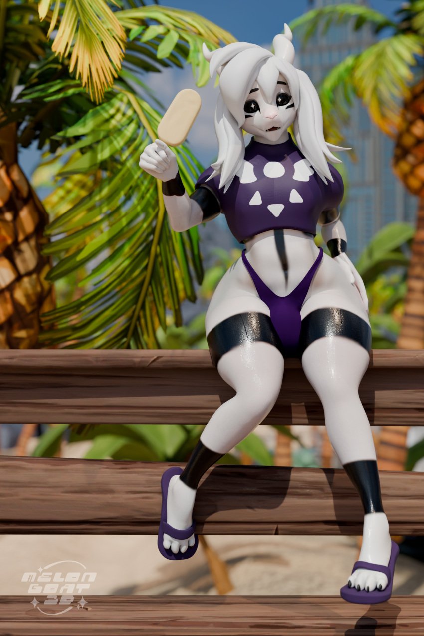 2:3 3d absurd_res anthro asriel_dreemurr_(god_form) boss_monster_(undertale) bovid bulge caprine clothing dessert digital_media_(artwork) femboy food furry goat hi_res holding_object horn ice_cream long_ears looking_at_viewer male mammal melongoat3d solo undertale undertale_(series) white_body