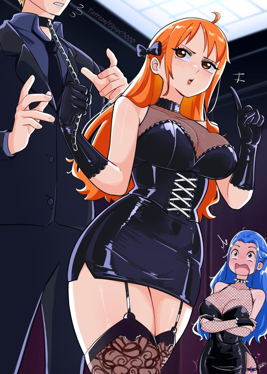 1boy 2girls assertive_female big_breasts blonde_hair blue_hair blush cleavage clothing dress elpipe3000 faceless_male female fishnet_legwear fishnets goth goth_girl lingerie long_hair male nami nami_(one_piece) nefertari_vivi one_piece orange_hair sanji vinsmoke_sanji