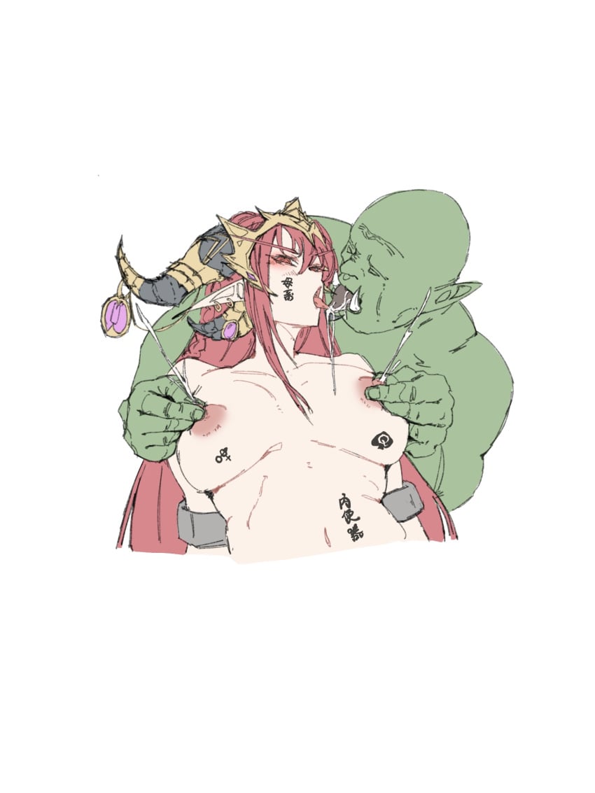 1boy 1girls alexstrasza blizzard_entertainment female green_skin horns kissing lactation light-skinned_female light_skin orc orc_(warcraft) pinching_nipples queen_of_spades_symbol red_hair tattoo warcraft world_of_warcraft