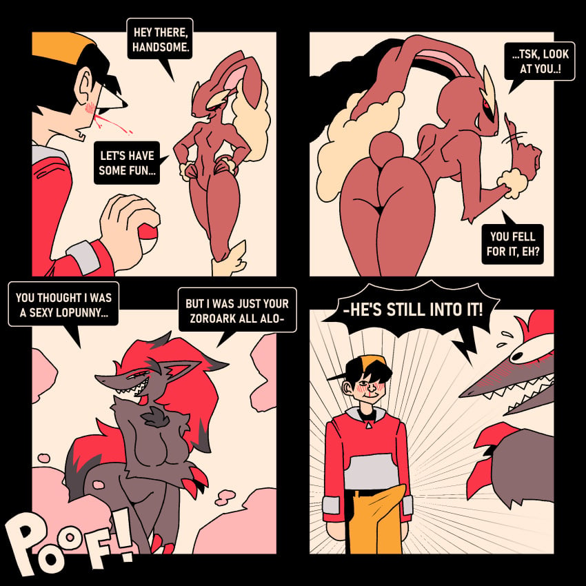 1:1 anthro breasts canid canine claws clothing comic dialogue disguise english_text erection erection_under_clothing female funny fur generation_4_pokemon generation_5_pokemon hi_res interspecies lopunny male mammal nintendo nude open_mouth pokemon pokemon_(species) pokemon_trainer pokephilia ponporio speech_bubble text zoroark