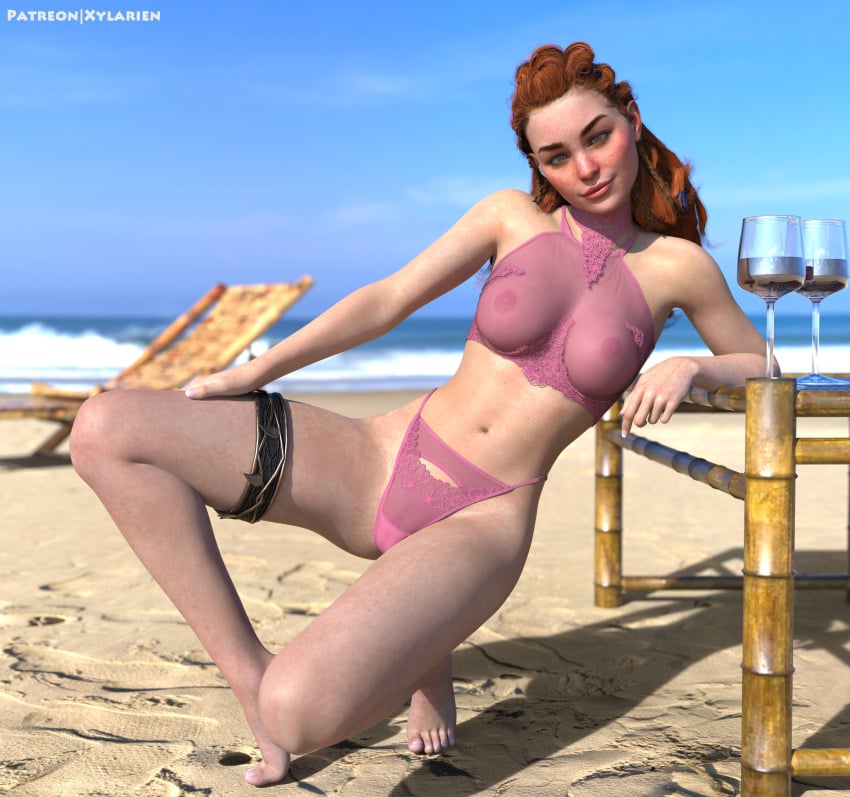 3d aloy bra horizon_zero_dawn lingerie panties pink_bra pink_lingerie pink_panties red_hair see-through see-through_bra see-through_top solo xylarien