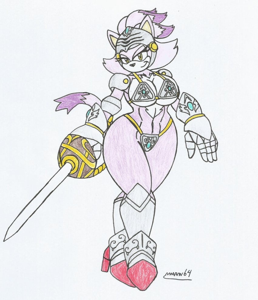 big_breasts big_hips bikini_armor blaze_the_cat cat_girl female_knight foil furry gold_eyes marlon64 ponytail purple_body purple_fur purple_hair sir_percival_(sonic_and_the_black_knight) smiling_at_viewer solo_female sonic_(series) sonic_and_the_black_knight swordswoman traditional_drawing_(artwork) weapon white_background white_fur