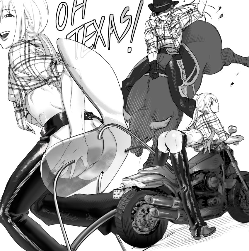 alternate_costume ass assless_chaps big_ass bubble_butt bull_riding chaps cowboy cowboy_boots cowboy_hat femboy imai_cosmo kengan_(series) kengan_ashura kengan_omega long_hair long_hair_male looking_at_viewer looking_back male male_only maro_(pixiv) monochrome motorcycle multiple_scenes ponytail smile solo tied_shirt