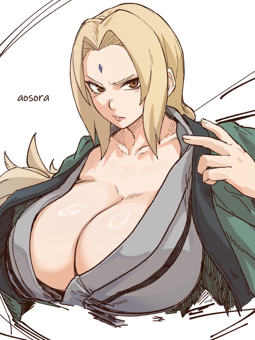 aosora2823 artist_name blonde_hair breasts brown_eyes cleavage commentary_request facial_mark female forehead_mark grey_kimono highres huge_breasts japanese_clothes kimono long_hair mature_female naruto naruto_(series) naruto_shippuden solo tsunade upper_body voluptuous white_background