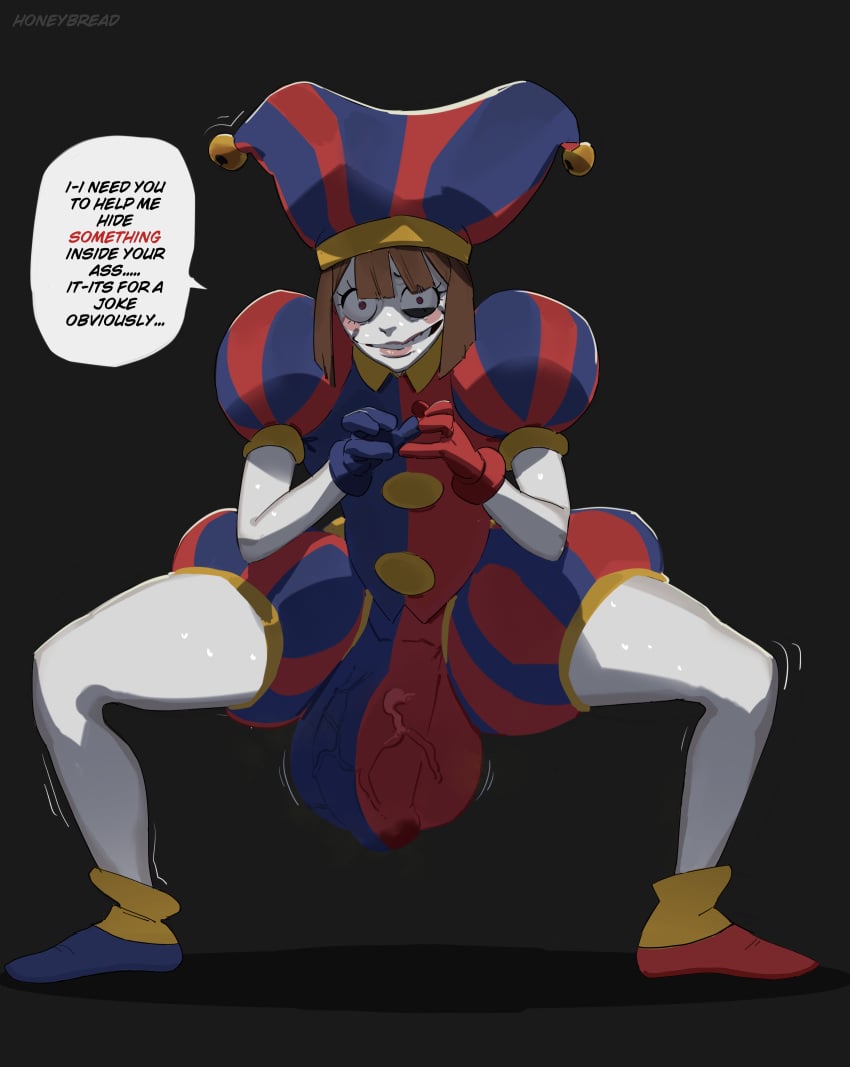 1futa big_penis bulge bulge_through_clothing edit english_text futa_only futanari honeybread intersex jester jester_hat looking_at_viewer pomni_(the_amazing_digital_circus) smile squatting the_amazing_digital_circus white_body