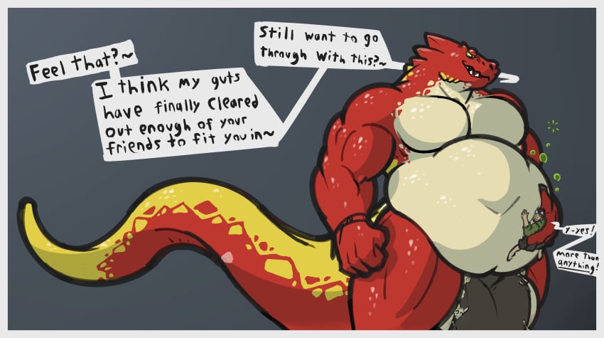 absurd_res anthro balls belly big_balls big_belly digestion genitals gwyvern hi_res human lizard macro male mammal micro muscular reptile scalie solo_focus vore vore_teasing