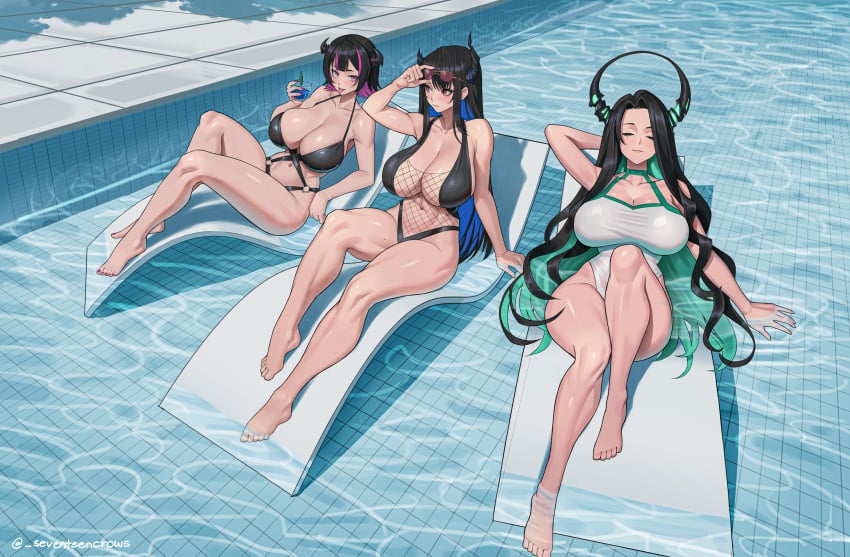 3girls aradia_ravencroft bikini black_hair blue_hair cleavage closed_eyes clothed clothing colored_inner_hair demon_girl demon_horns female female_only fishnets forked_tongue holding_object hololive hololive_english hololive_english_-advent- horns huge_breasts light-skinned_female light_skin malpha_ravencroft medium_hair multicolored_hair nerissa_ravencroft no_penetration no_sex pink_hair pool red_eyes seventeencrows sisters split_tongue sunglasses_on_head swimsuit swimwear teal_hair tongue tongue_out very_long_hair virtual_youtuber water