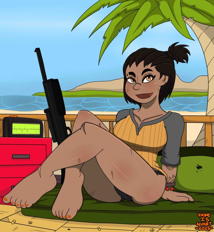 1girls beach bed bottomless brown_hair brown_skin brown_skinned_female dani_rojas dopeisnukat far_cry far_cry_6 feet feet_focus female latina latina_female legs orange_toenail_polish orange_toenails rifle scars scars_all_over ubisoft