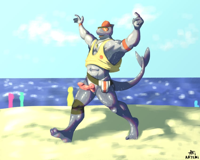 2_penises 5:4 absurd_res anthro artemi beach bodily_fluids bottomless clothed clothing epic_games erection exhibitionism eyewear fish fortnite genitals hat headgear headwear hi_res male male_only marine multi_genitalia multi_penis muscular muscular_male penis public public_erection public_exposure safety_first_steve_(fortnite) seaside shark shirt solo streaking sunglasses sweat topwear