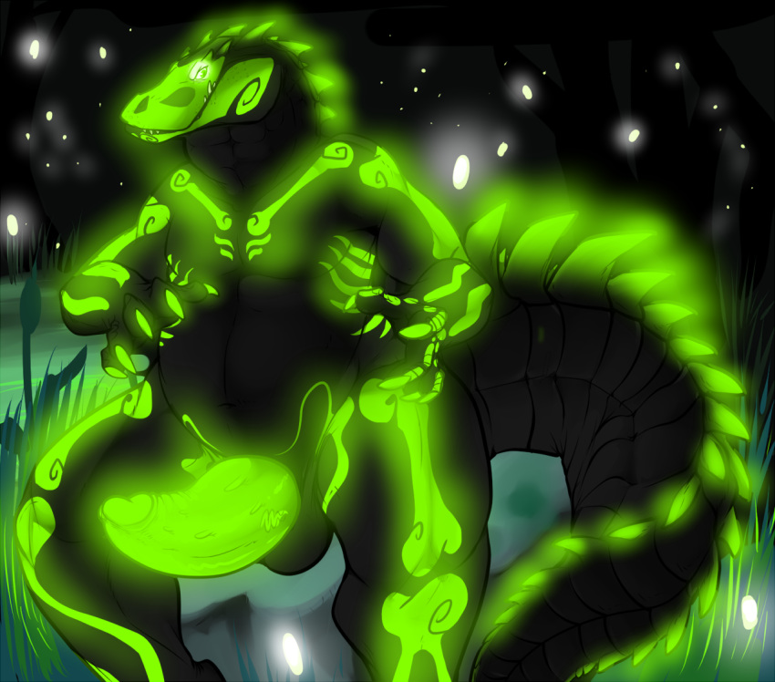 2013 abs alligator anthro balls belly biceps big_balls big_penis bioluminescence black_body black_scales blue_eyes bone claws crocodilian darkmor digital_media_(artwork) erection firefly glowing glowing_claws glowing_markings glowing_penis grass green_eyes green_markings grin hi_res looking_at_viewer male male_only markings marvol musclegut muscular neon_green neon_lights night nude overweight paint paint_(artist) pecs penis pose reptile scales scalie skeleton skull smile solo thick_penis undead voodoo