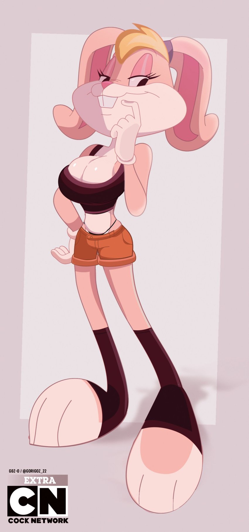 2025 big_breasts black_eyes black_thong blonde_hair breasts buckteeth cleavage feet female female_only furry gosgoz lola_bunny looney_tunes rabbit short_hair shorts tan_fur tank_top thong warner_brothers