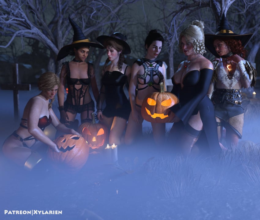 3d 6+girls 6girls abigail_marston artist_name black_lingerie blonde_hair breasts cemetery dark_skin dark_skinned_female female female_only graveyard halloween jack-o'-lantern karen_jones lineup lingerie mary-beth_gaskill molly_o’shea multiple_girls patreon red_dead_redemption_(series) red_dead_redemption_2 sadie_adler tilly_jackson witch_hat xylarien