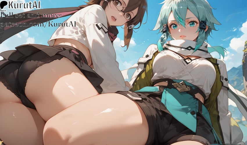 1girls 2girls ai_generated aqua_hair artist_name artist_signature asada_shino ass black_shorts blue_hair breasts cropped_jacket from_below glasses hair_between_eyes hair_ornament hi_res high_resolution highres kurutai looking_at_viewer multiple_girls open_mouth outdoors panties patreon short_hair shorts sidelocks sinon skirt sword_art_online thighs twintails uncensored underwear yuri