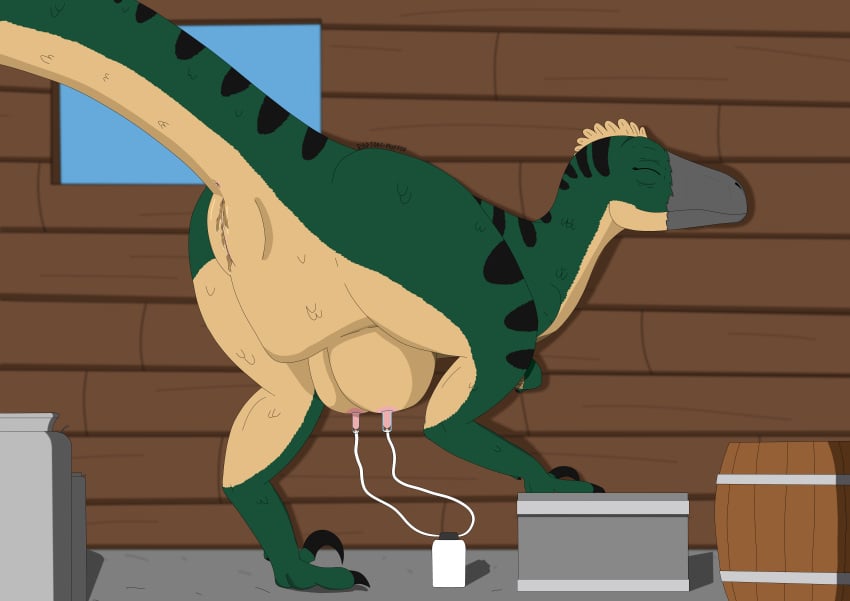 absurd_res alora_(raptors-muffin474) anus barn black_stripes bodily_fluids claws closed_eyes dinosaur dromaeosaurid feathers female feral genital_fluids genitals green_body hi_res large_udder milk_machine prehistoric_species pussy raptors-muffin474 reptile scalie solo stripes theropod toe_claws toony udder_milking utahraptor vaginal_fluids