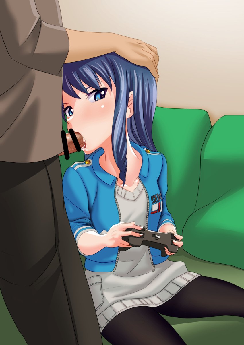 1boy alice_gear_aegis black_pantyhose blue_eyes blue_hair blue_jacket breasts clothed_sex commentary_request controller couch cushion fellatio female game_controller highres holding holding_controller jacket koashi_mutsumi long_hair on_couch oral pantyhose penis shoki-gata18 small_breasts unzipped