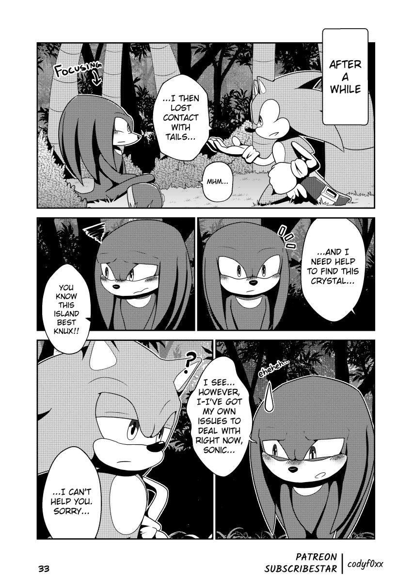 absurd_res angel_island blush blush_lines clothed clothing codyf0xx comic echidna english_text footwear forest gloves greyscale handwear hi_res knuckles_the_echidna male male_only mammal manga_style monochrome monotreme partially_clothed plant sega shoes sonic_(series) sonic_the_hedgehog sonic_the_hedgehog_(series) speech_bubble text tree