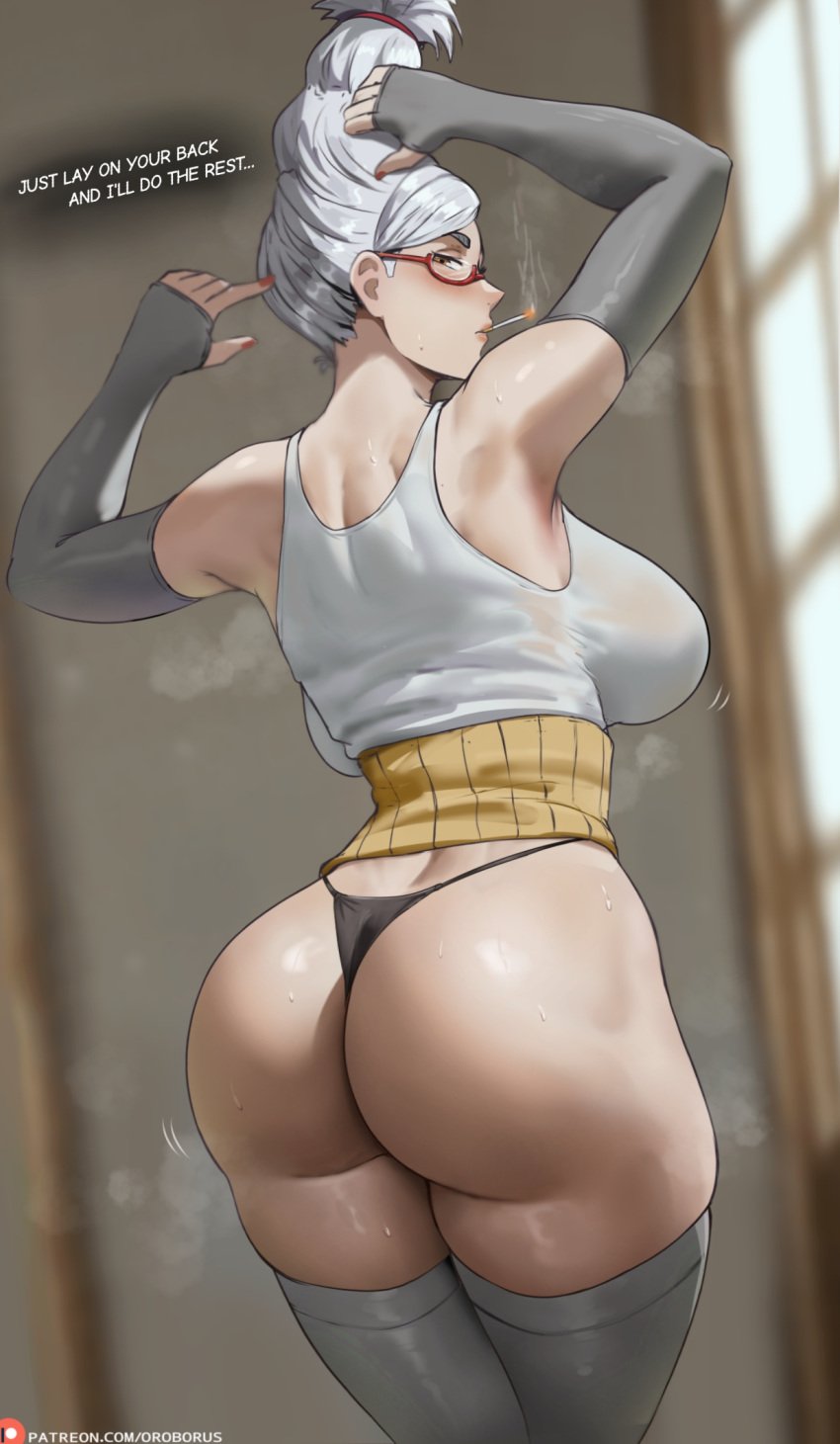 1girls ass ayase_seiko big_ass big_breasts big_thighs breasts butt dandadan dialogue female female_focus female_only gigantic_ass gigantic_breasts gigantic_thighs gilf glasses heels high_heels huge_ass huge_breasts huge_thighs legwear looking_at_viewer nipples older_female oroborusart solo sweat sweatdrop sweating sweaty tagme text thick_hips thick_thighs thighs