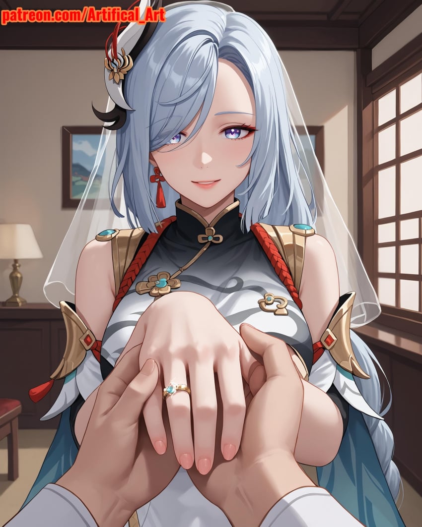 1girls ai_generated anime_girl artifical_art blue_eyes braided_hair genshin_impact grey_hair hair_ornament hoyoverse light-skinned_female long_hair medium_boobs medium_breasts shenhe_(genshin_impact) white_hair