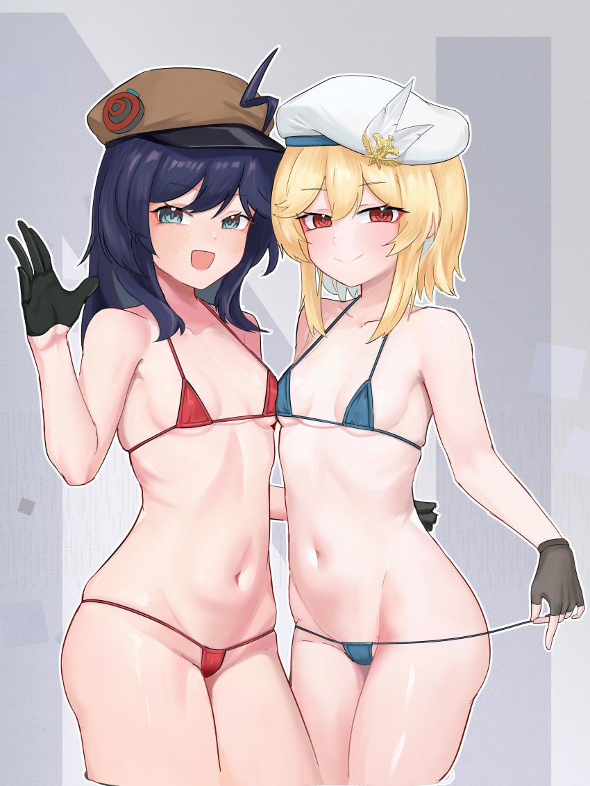 2girls absurdres ahoge asymmetrical_docking beret black_gloves blonde_hair blue_bra blue_eyes blue_hair blue_panties blush bra breast_press breasts brown_headwear cabbie_hat chinese_commentary closed_mouth collarbone commentary_request cropped_legs fingerless_gloves girls'_frontline girls'_frontline_2:_exilium gloves hair_between_eyes half_gloves hand_up hat hat_feather heart heart_in_eye highres ksenia_(girls'_frontline_2) long_hair looking_at_viewer medium_breasts micro_bra multiple_girls nagant_(girls'_frontline_2) nagant_revolver_(girls'_frontline) navel open_mouth outline panties partial_commentary petite red_bra red_eyes red_panties ribs shenqi_xiaohuang sidelocks skindentation small_breasts smile stechkin_(girls'_frontline) stomach symbol_in_eye underwear upper_body white_headwear white_outline