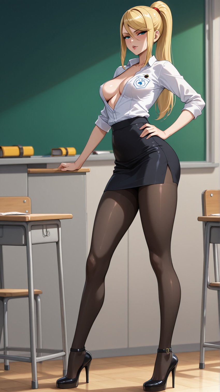 1girls ai_generated blonde_hair classroom clothed high_heels leggings samus_aran sexy skirt solo teacher