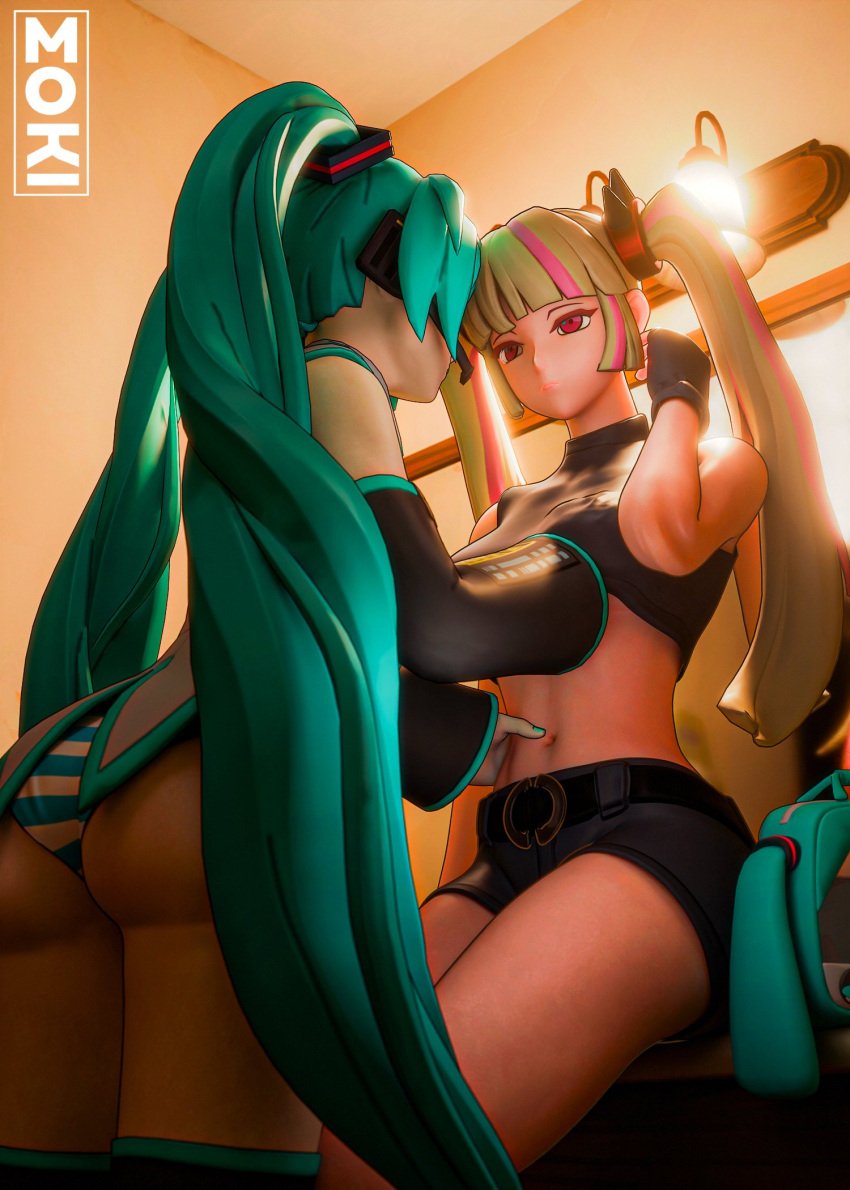 2025 2girls 3d 3d_(artwork) ass big_ass blender blue_hair breast_grab breasts bubble_ass bubble_butt clothed clothing epic_games female female_focus female_only fortnite fortnite:_battle_royale groping groping_breasts hand_on_breast hatsune_miku hatsune_miku_(fortnite) highres jean_shorts lennox_rose_(fortnite) light-skinned_female light_skin long_hair mokinawa panties ponytail shorts sitting teal_hair thick_ass two_tone_hair underwear vocaloid watermark