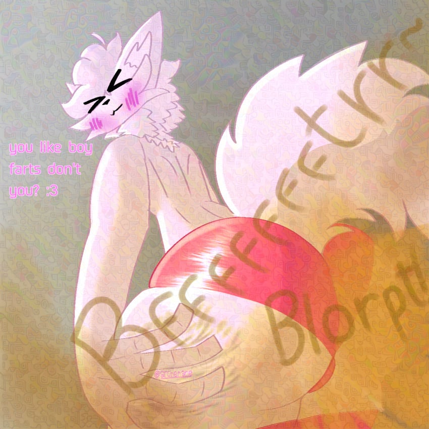 1:1 anthro archenarie ass big_butt bodily_fluids canid canine clothing domestic_cat fart fart_fetish felid feline felis femboy footwear fox hi_res male mammal panties pink_body socks solo sweat underwear