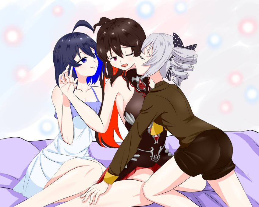 3girls black_dress black_hair blue_eyes blue_hair bronya_zaychik closed_eyes grey_hair hair_ribbon honkai_impact_3rd interlocked_fingers leo3920759_(pixiv_9645834) long_hair multicolored_hair on_bed one_eye_closed open_mouth red_hair seele_(alter_ego) seele_vollerei seele_vollerei_(starchasm_nyx) short_hair shorts tongue_out white_dress yuri