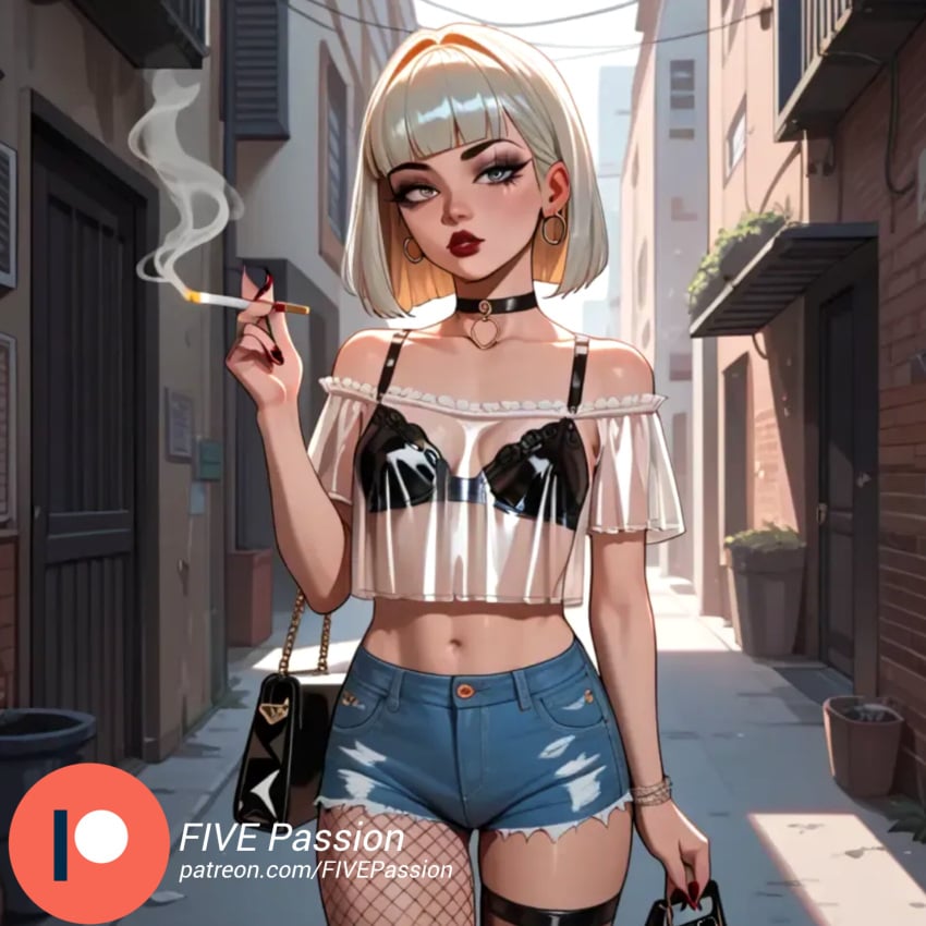 ai ai_assisted ai_generated blonde_hair color comic comic_page digital_art digital_media_(artwork) female female_focus female_only five_passion makeup outdoors prostitution shorts small_breasts smoke smoking young young_female younger_female