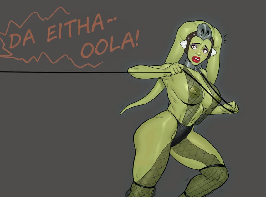 demogoron fishnets green_skin harem_girl harem_outfit jabba_the_hutt large_breasts leash leash_pull oola slave slave_collar slave_outfit slavegirl star_wars text twi'lek