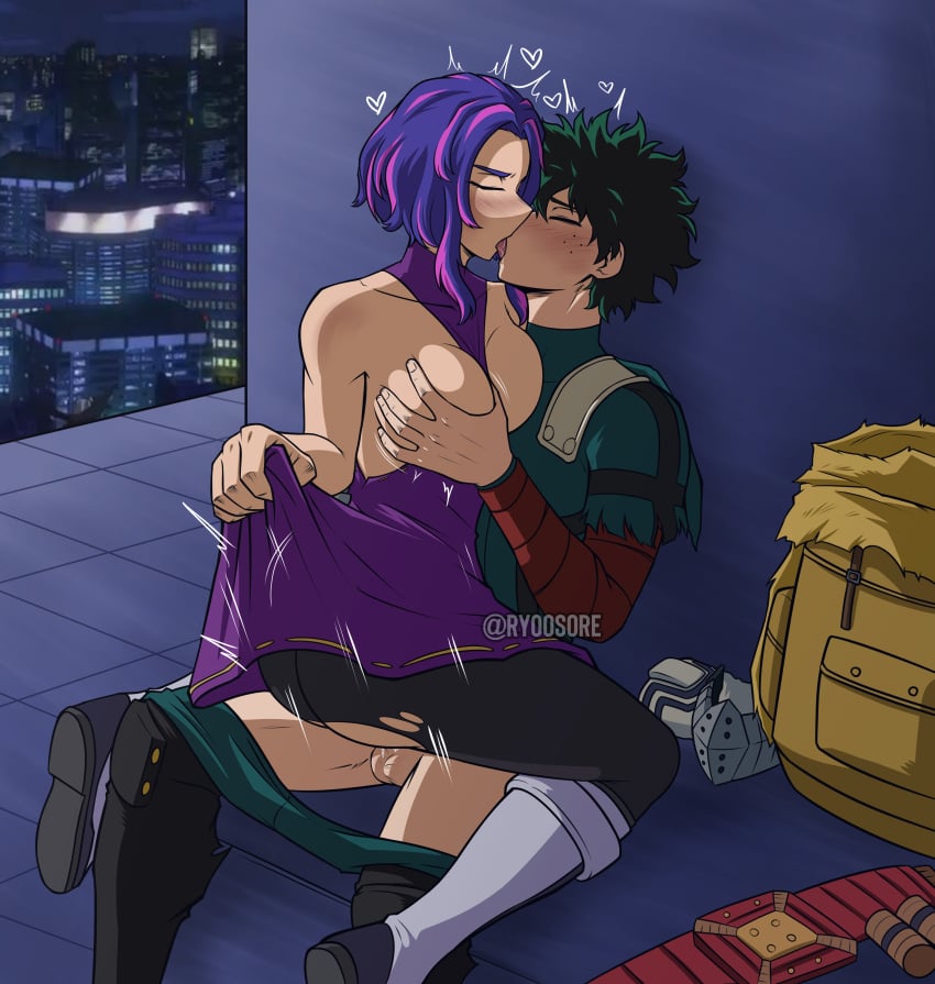 1boy 1girls age_difference blush cum_inside grabbing_breasts green_hair hero_on_villain hero_outfit_(mha) izuku_midoriya kaina_tsutsumi kissing lady_nagant lotus_position mature_female midoriya_izuku my_hero_academia penetration pink_hair public public_sex purple_hair ryoosore sex shonen_jump straight straight_sex tongue_kiss tongue_out tsutsumi_kaina younger_male younger_penetrating_older