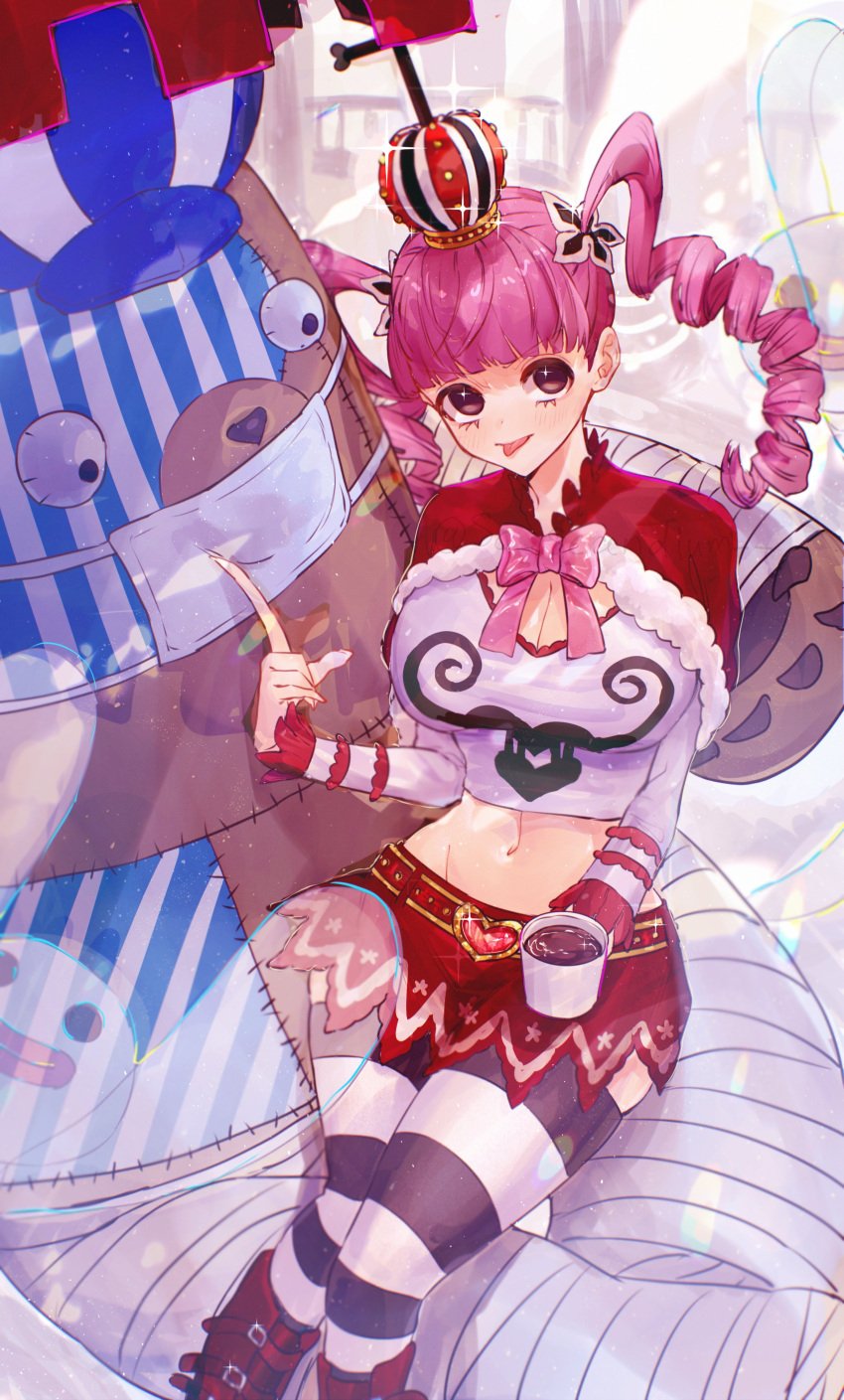 1girls bangs big_breasts black_eyes blunt_bangs blush bow breasts cleavage clothed clothing crop_top crown cup curvaceous curvy curvy_female curvy_figure female female_focus female_only fit fit_female holding_object hourglass_figure kumacy large_breasts light-skinned_female light_skin looking_at_viewer one_piece perona pigtails pink_hair pre-timeskip sc_scandium skirt slim_waist thighhighs thin_waist tongue tongue_out twintails wide_hips