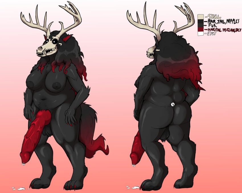 antlers ass big_breasts black_fur commission erection fluffyyutyrannus furry futanari huge_cock knotted_penis long_hair precum precum_drip skull tail