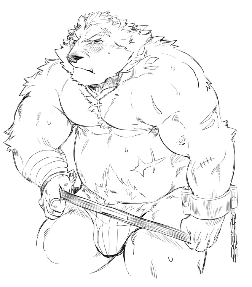 1boy barguest_(tokyo_afterschool_summoners) bear blush bulge clothing hi_res male male_only mammal monochrome seikeikei2015 simple_background solo teasing tokyo_afterschool_summoners underwear undressing white_background