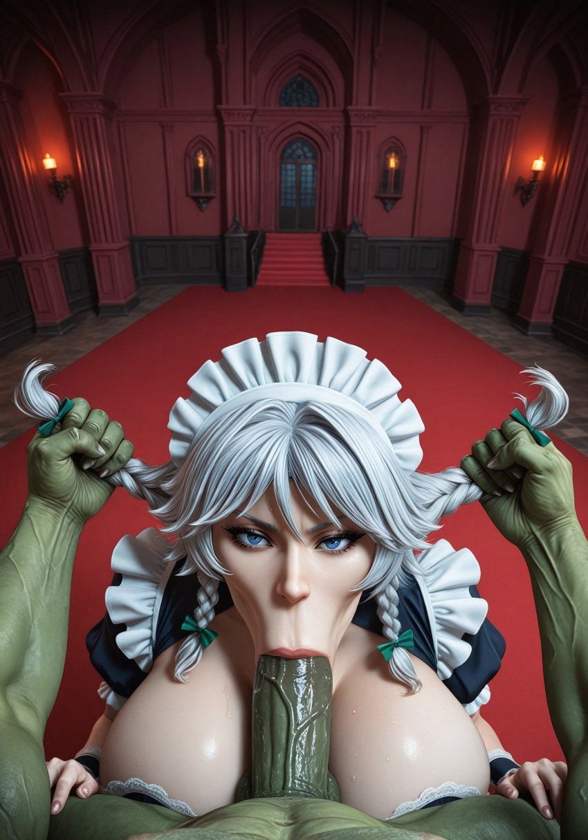 ai_generated blowjob blowjob_face blue_eyes braid deepthroat goblin goblin_male green_penis hair_pull huge_breasts interspecies maid maid_headdress monster pov puffy_short_sleeves sakuya_izayoi silver_hair touhou twin_braids vacuum_blowjob vacuum_fellatio