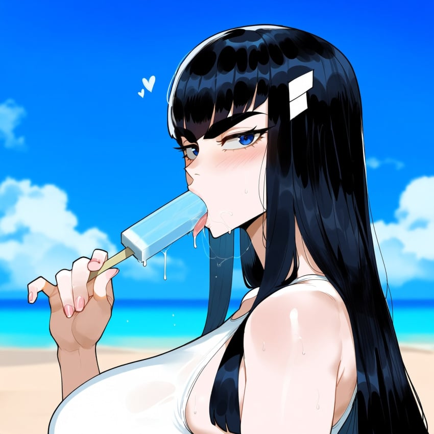 1girls ai_generated beach big_breasts black_hair blue_eyes breasts clothed creamy_ai curvy furrowed_brow heart kill_la_kill kiryuuin_satsuki large_breasts light-skinned_female long_hair looking_at_viewer paag popsicle popsicle_in_mouth saliva_string seductive solo swimsuit thiccwithaq_(ai_style) thick_eyebrows tongue voluptuous