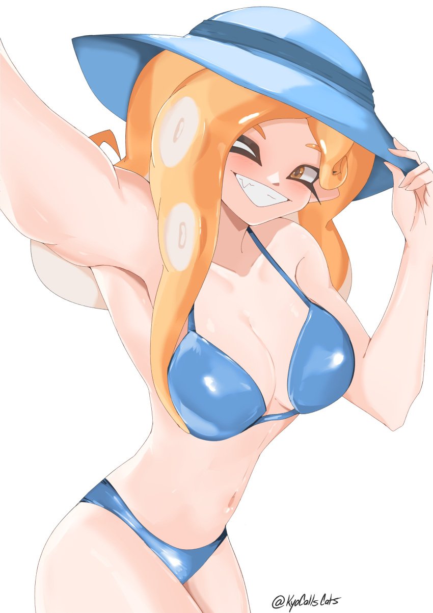 1girls 2d_(artwork) arya_(kyocallscats) ass_view bikini blue_bikini blue_bikini_bottom blue_bikini_top cleavage digital_drawing_(artwork) digital_media_(artwork) female female_focus female_only grin grinning grinning_at_viewer kyocallscats navel octoling octoling_girl octoling_rival orange_hair selfie_pose splatoon splatoon_3 summer_hat tipping_hat twitter_username watermark wink winking