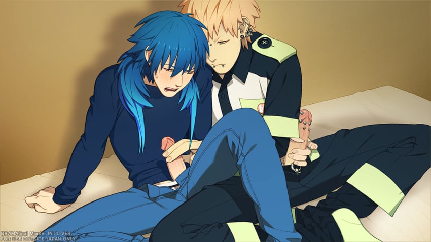 2boys aoba_seragaki blonde_hair blue_hair clothed_sex dramatical_murder gay genital_piercing handjob male male_only noiz_(dramatical_murder) official_art penis_piercing piercings pretty_boy torao_asada uncensored yaoi