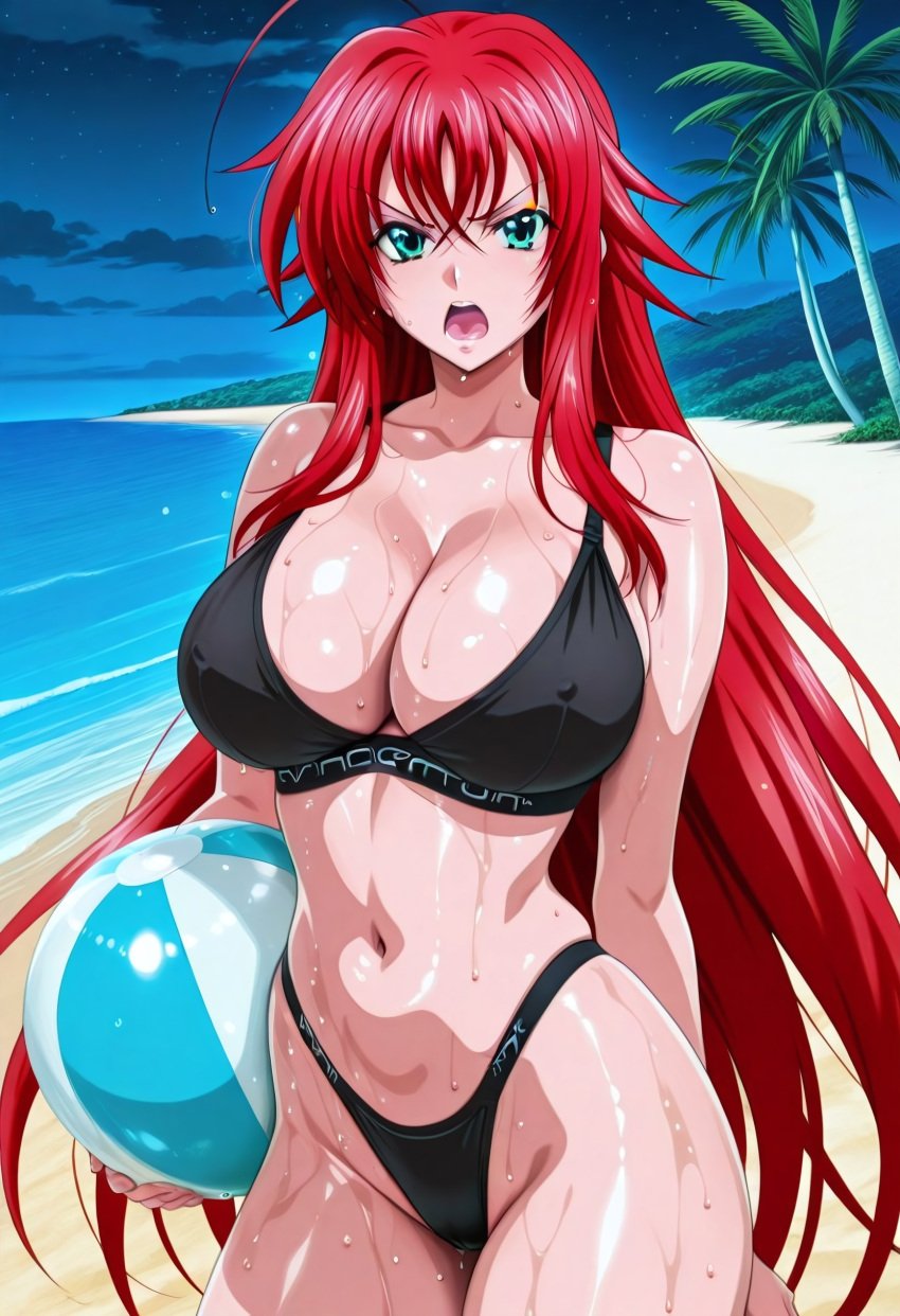 1girls ahoge ai_generated angry beach beach_ball big_butt bikini black_bikini color colored from_front_position green_eyes high_leg_thong high_school_dxd high_school_dxd_hero holding_beachball huge_breasts light-skinned_male light_skin long_hair looking_at_viewer night ocean open_mouth palm_tree primer_ai red_hair rias_gremory sand skinny skinny_girl solo solo_female sweat uncensored