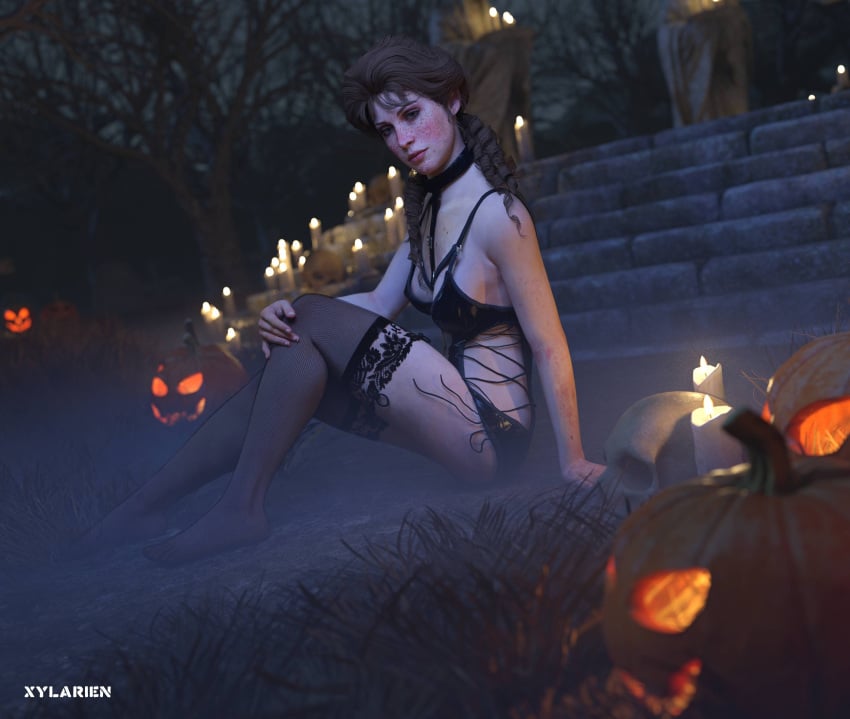 1girls 3d black_bra black_lingerie black_panties bra brown_hair jack-o'-lantern lingerie mary-beth_gaskill panties red_dead_redemption_2 xylarien