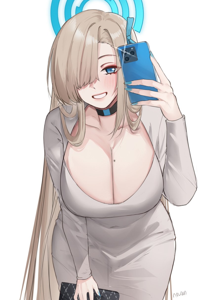 1girls 2d_(artwork) :) beauty_mark beauty_mark_on_breasts beige_dress blonde_female blonde_hair blonde_hair_female blondie blue_archive blue_eyes blue_eyes_female blue_halo blue_nail blue_nail_polish blue_nails blue_phone blush blush blush_lines blushing_female boobs_bigger_than_head breasts breasts breasts breasts_bigger_than_head busty busty_female choker cleavage cleavage_dress clothed_female dress female female_focus female_only halo handbag happy happy_female hi_res holding_handbag holding_phone huge_boobs huge_breasts huge_breasts january january_(month) long_hair long_hair_female nev_nev24 nevan_(nev_nev24) no_sex phone selfie selfie_pose simple_background smart_phone smartphone smile smiling smiling_at_partner taking_photo taking_selfie thicc thicc_breasts thick_female tits_bigger_than_head twitter twitter_link white_background