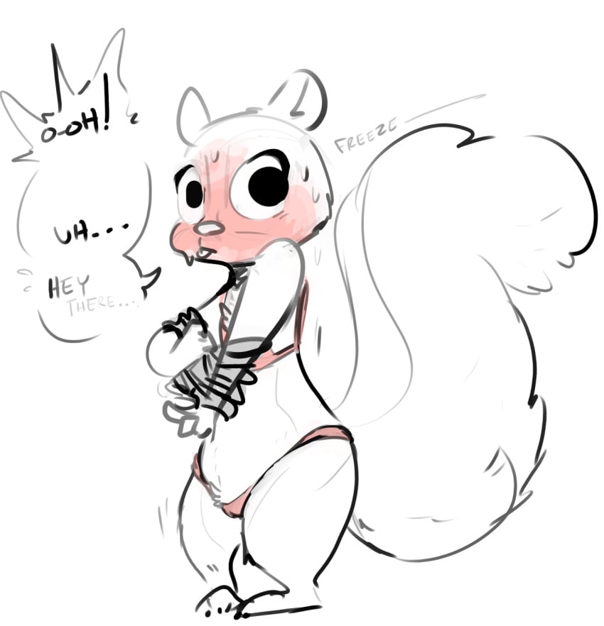 anthro blush bra buckteeth cameltoe caught clothing dialogue embarrassed english_text female fluffy fluffy_tail looking_at_viewer mammal nobby_(artist) panties rodent rough_sketch solo squirrel surprise sweat talking_to_viewer teeth text underwear undressing