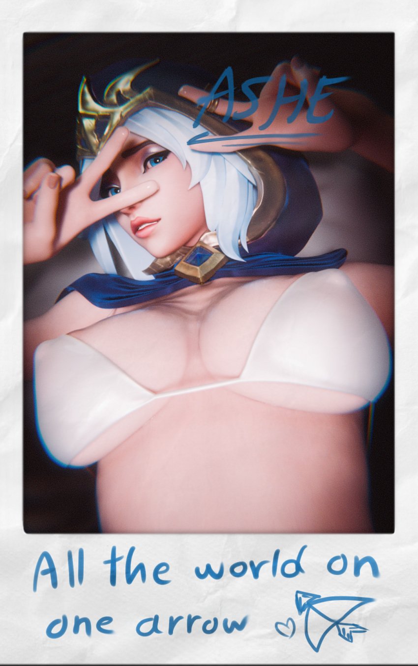 1girls 3d 3d_(artwork) ashe_(league_of_legends) big_breasts bikini bikini_top blue_eyes breasts cloak league_of_legends photo polaroid riot_games v_sign wet wet_body white_bikini white_hair