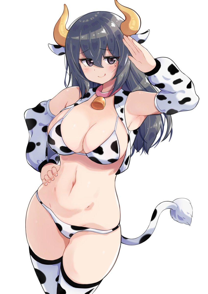 1girls big_breasts bikini bikini_bottom bikini_top blush breasts cleavage cow_bell cow_bell_collar cow_ears cow_girl cow_horns cow_print cow_print_armwear cow_print_bikini cow_print_thighhighs cow_tail female female_focus female_only grey_eyes hair_between_eyes hand_on_hip horns large_breasts licking_lips long_hair medium_breasts midriff mole mole_under_eye navel simple_background smiling_at_viewer solo subten tail thick_thighs thighs unknown_character white_background