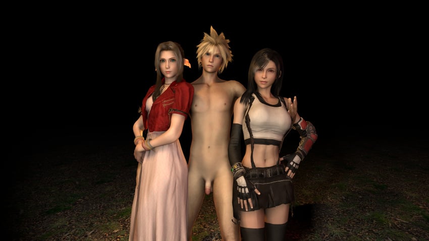 1boy 2girls 3d aerith_gainsborough black_hair blonde_hair brown_hair clothed_female_nude_male cloud_strife completely_nude completely_nude_male female final_fantasy final_fantasy_vii final_fantasy_vii_remake girl_sandwich male male/female multiple_girls nude nude_male nude_male_clothed_female thedude7022 threesome tifa_lockhart