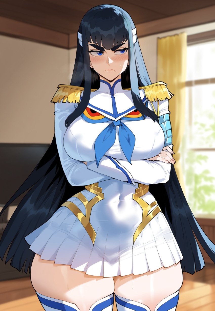 1girls ai_generated big_breasts black_hair blue_eyes blush breasts clothed creamy_ai crossed_arms furrowed_brow hips kill_la_kill kiryuuin_satsuki large_breasts light-skinned_female long_hair looking_away paag skindentation solo thiccwithaq_(ai_style) thick_eyebrows thick_thighs thigh_squish thighs wide_hips