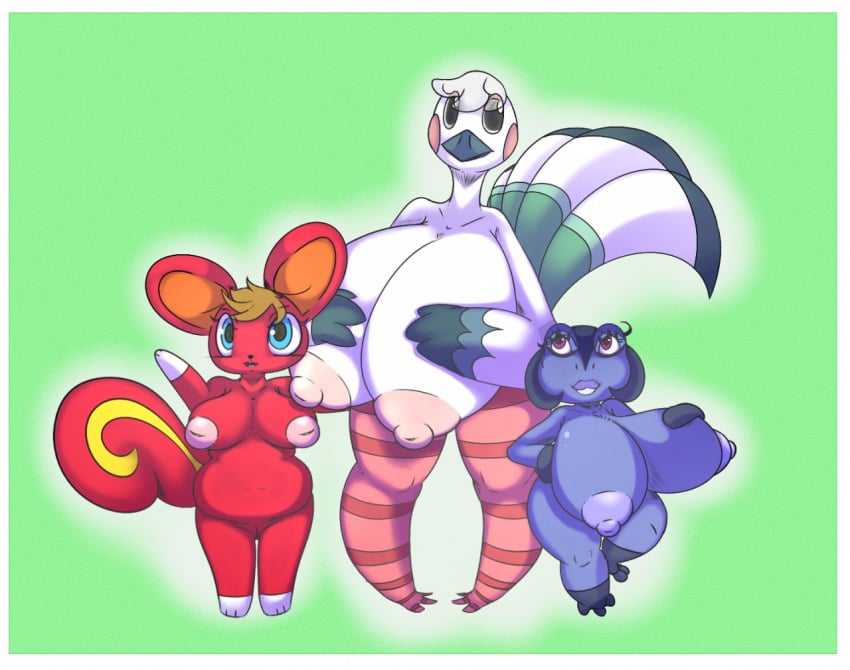 2016 3_fingers 3_toes amphibian animal_crossing anthro anthrofied avian barely_visible_genitalia beak big_breasts biped bird bird_feet black_eyes black_nose blanche_(animal_crossing) border breast_size_difference breasts brown_hair caroline_(animal_crossing) collarbone curled_tail diva_(animal_crossing) eyelashes eyeshadow feather_hands feathered_wings feathers female flare-zen frog front_view full-length_portrait gloves_(marking) gradient_background green_background green_feathers green_tail grey_beak group hair hand_on_breast hand_on_hip huge_breasts hyper hyper_breasts inverted_nipples knock-kneed lipstick long_tail looking_at_viewer looking_up makeup mammal markings mascara multicolored_feathers nintendo nipples non-mammal_breasts nude open_mouth open_smile ostrich outline overweight overweight_female pink_nipples portrait puffy_nipples purple_eyes purple_hair purple_nipples purple_skin pussy red_eyes red_pussy red_tail rodent short_hair shortstack simple_background size_difference smile socks_(marking) squirrel standing subtle_pussy tail_feathers thick_thighs toes two_tone_feathers two_tone_tail video_games white_border white_feathers white_hair white_lipstick white_tail wide_hips winged_arms wings yellow_tail