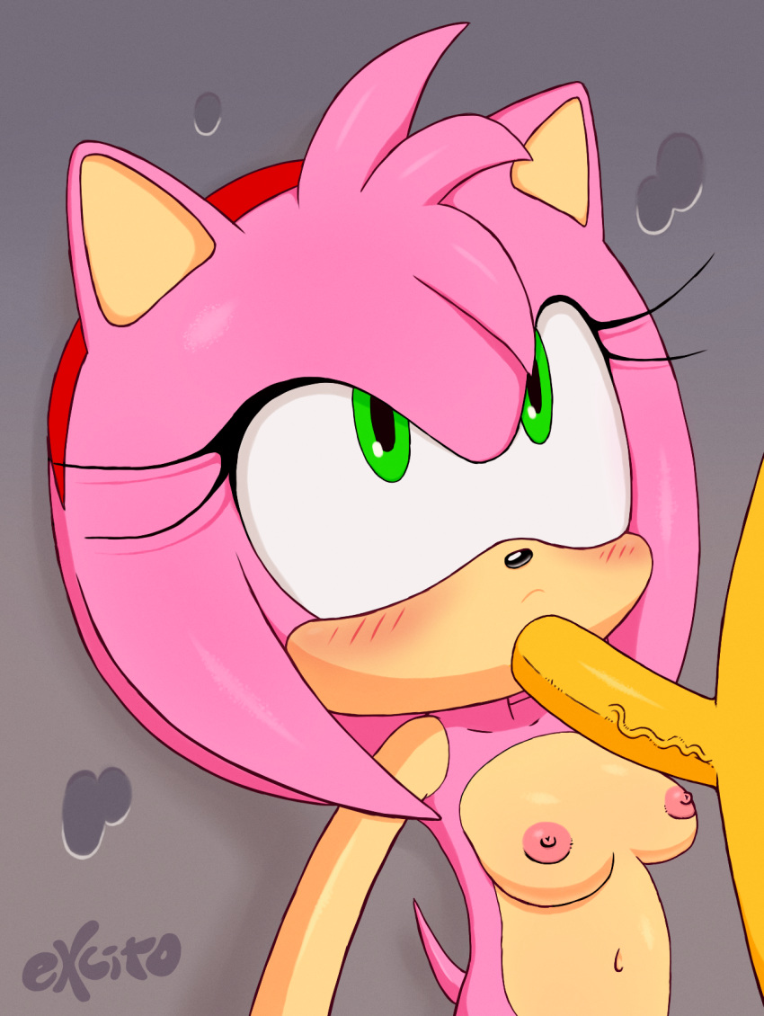 1boy 1girls against_wall amy_rose anthro areolae artist_name black_nose breasts canine disembodied_penis duo erect_nipples erection excito fellatio female fox green_eyes hair_ornament hairband hedgehog interspecies looking_at_viewer male mammal medium_breasts navel nipples nude oral penis pink_fur pink_hair pink_nipples sega sex solo_focus sonic_(series) straight sucking tail tails thick_penis vein veiny_penis wall watermark yellow_penis