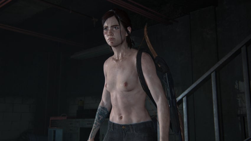 3d breasts brown_hair detailed_background ellie_(the_last_of_us) ellie_williams female female_only hair human nipples partially_clothed scar screencap small_breasts tattoo the_last_of_us the_last_of_us_2 topless video_games