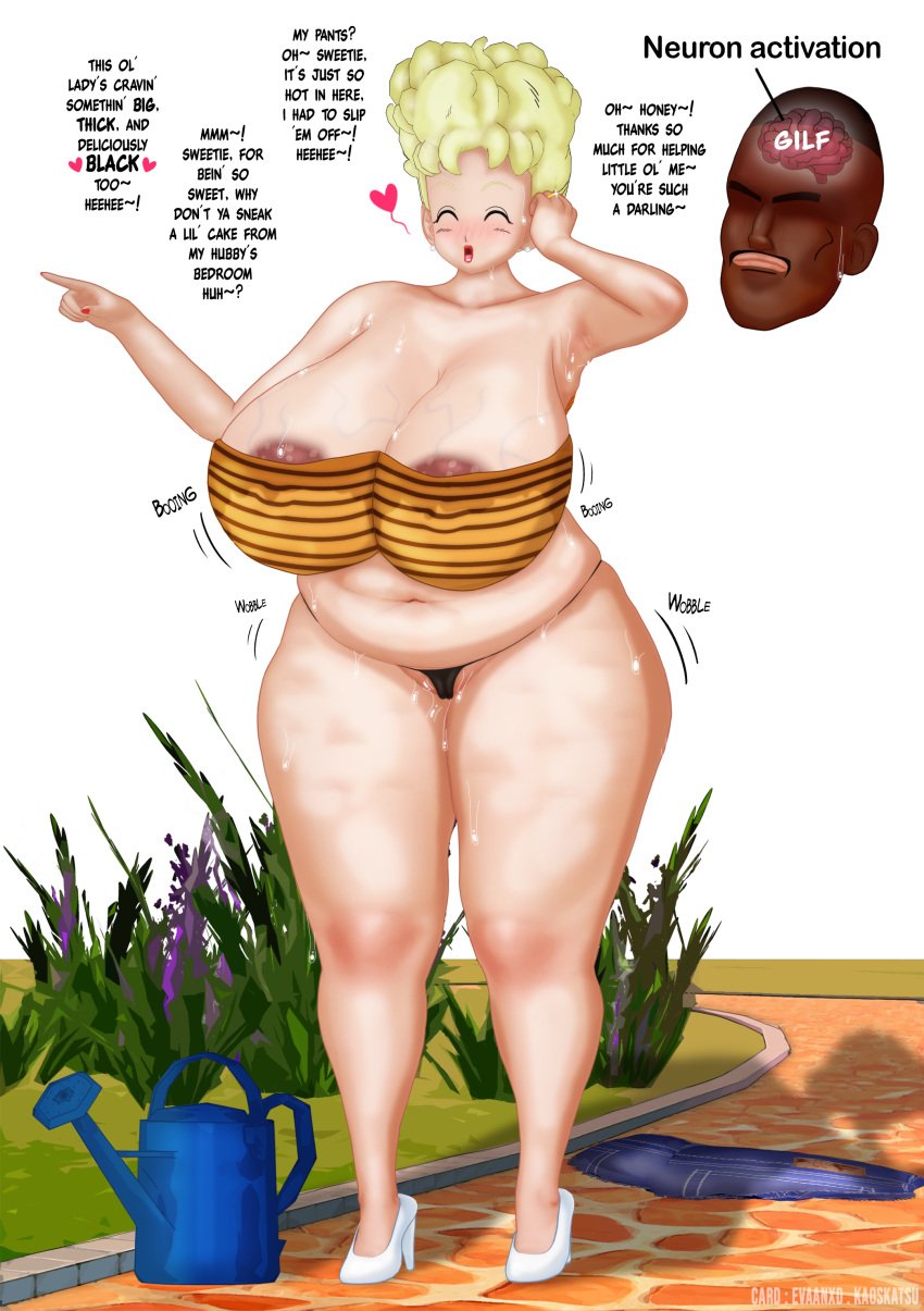 1boys 1girls age_difference bbw belly big_breasts blonde_hair bubble_butt cheating cheating_wife closed_eyes closed_eyes_smile dark-skinned_male dark_nipples donomi_factory dragon_ball dragon_ball_z english_text female flirting gilf granny high_heels huge_ass huge_breasts interracial killa male milf panchy panchy_(dragon_ball) panchy_briefs plump raceplay sweat sweaty text thick thick_thighs thong vein veiny